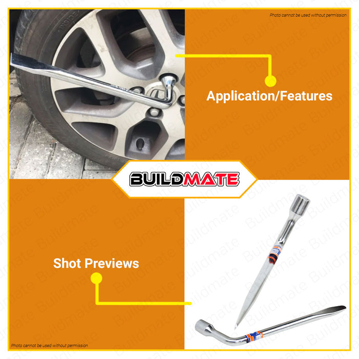 BUILDMATE Wadfow L Type Wrench 17MM | 19MM [SOLD PER PIECE] Tire Iron Lug Wrench L-type Lug Nut Wrench with Screwdriver Crowbar Hexagon Slotted End Socket and Tire Bar, Car Spare Tire Repair Tool WTH6317 | WTH6319 • WHT