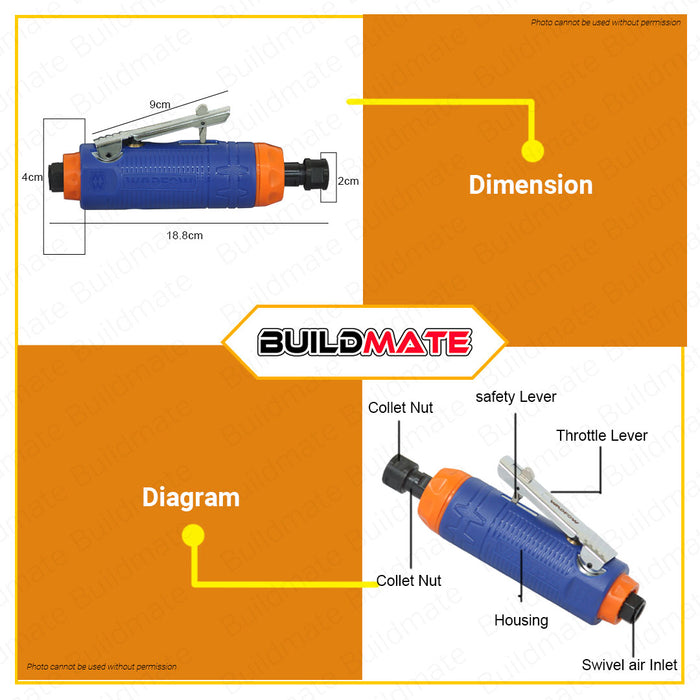 BUILDMATE Wadfow Air Die Grinder Mini Grinder Set Engraver Rotary Tool Design for Drilling Cutting Grinding Routing & Polishing Grinder Tool Kit WAT5514 • WPT