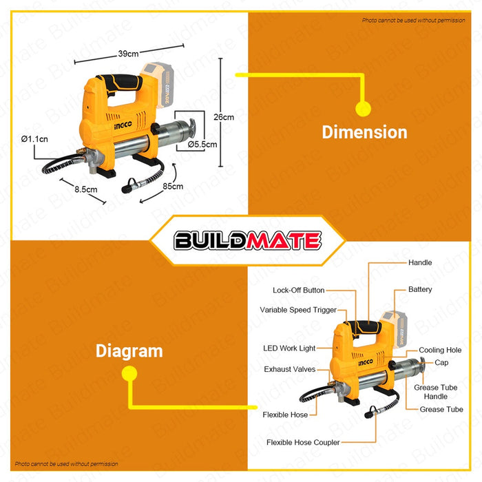 BUILDMATE Ingco 20V Lithium-Ion Cordless Grease Gun 10,000Psi Air Grease Gun Pump with Flexible Hose Greasing Tools GGLI2010 • ICPT