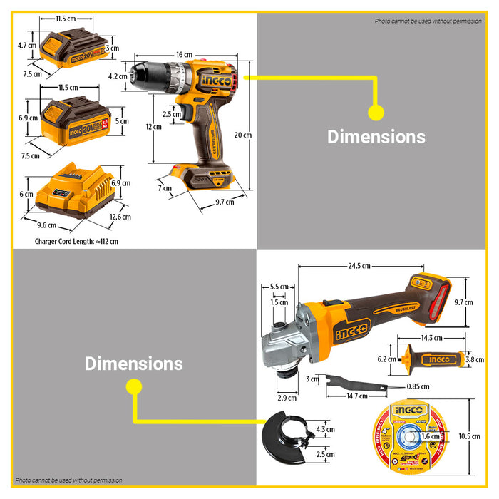 [EXCLUSIVE] BUILDMATE Ingco 2pcs Brushless Cordless Combo Kit 20V Lithium-Ion Angle Grinder & Compact Impact Drill Power Tools Set CKLI2027310 - IPX