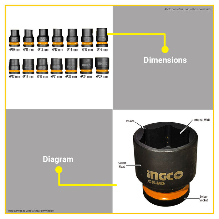 BUILDMATE Ingco 14pcs Dr. Impact Socket Set 1/2"  with Case Cr-Mo Heavy Duty Nut Sockets for Impact Wrench HKISSD12141 - IHT