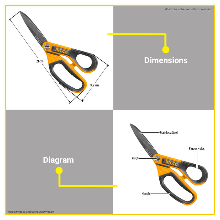 BUILDMATE Ingco Rubber Grip Long-Blade Scissors 210mm Titanium Plated Multi-Purpose Snipping Tool for Fabric Plastic Cardboard HSCRS812108 - IHT