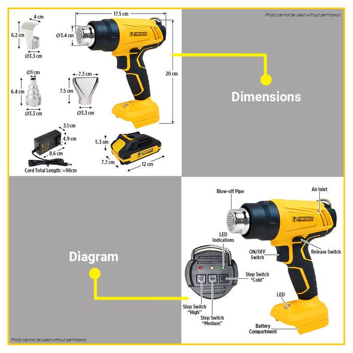 BUILDMATE Powerhouse Cordless Heat Gun 20V Hot Air Gun With 3pcs Nozzle Rechargeable Plastic Sealer Heat Shrink Blower Paint Stripping Heating Tool PH-20V-WLPROHEAT - PHPT