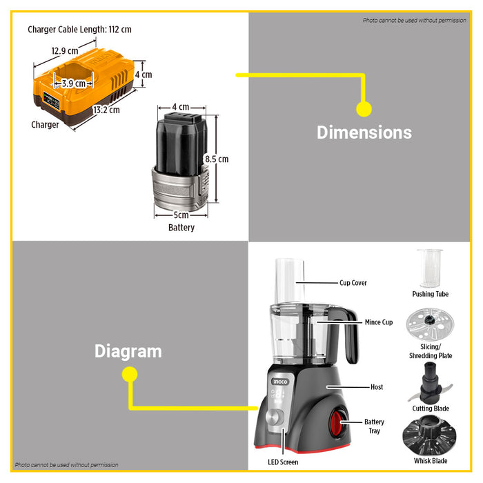 BUILDMATE Ingco 16V Cordless Food Processer 1.25L Vegetable Chopper Blender Multifunction Mixer Slicing Chopping CFP026K / CFP027K - ICPT