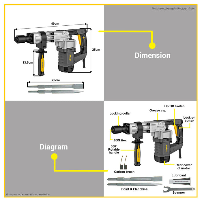 BUILDMATE Lotus Professional SDS Hex Demolition Hammer 1300W / 1050W Concrete Breaker Demolition Drill Jackhammer LTSH6EX / LTSH5X - LPT