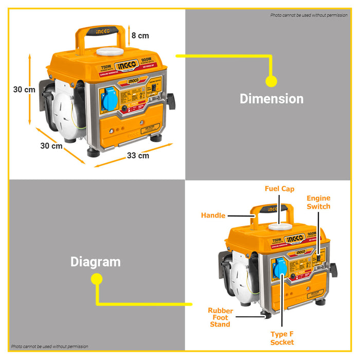 BUILDMATE Ingco Gasoline Generator 0.9kW 2-Stroke Portable Gas Powered Recoil Start Generator Backup Power GE10002-5P - IIT