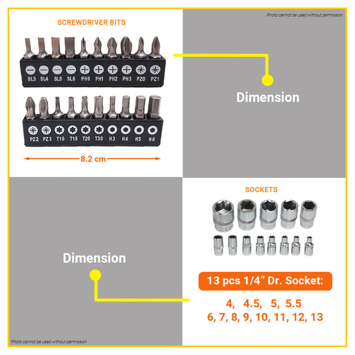 BUILDMATE Ingco 45pcs Socket Set 1/4" Socket with Ratchet Wrench, Universal Joint, and Screwdriver Bits DIY Automotive Hand Repair Tool Kit HKTS14451 - IHT