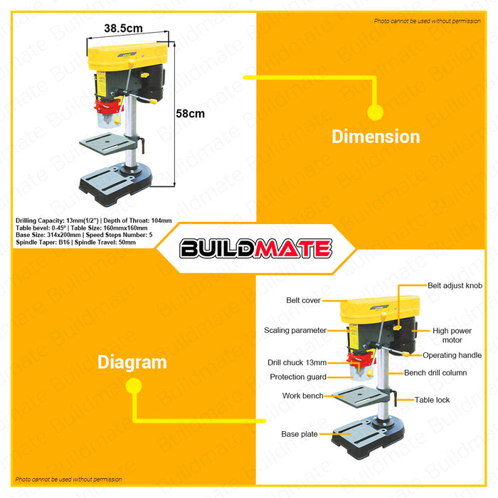 BUILDMATE Lotus Drill Press 13MM 350W 1/2HP 5-Speed Cast Iron Benchtop Drill Press Table Drill Bench Drill Press Bench Top Drilling Machine Electric Drill Press LTPD350 | LTDP350VR • LPT