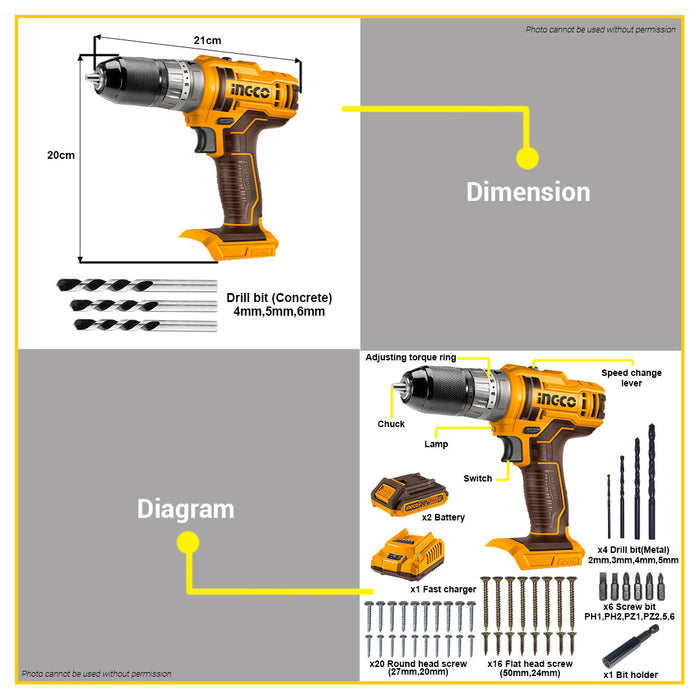 BUILDMATE Ingco Lithium-Ion Cordless 20V Impact Drill 45Nm - 65Nm with Battery and Charger 2-Speed Mechanical Gear Combo Kit Set SOLD PER SET - ICPT