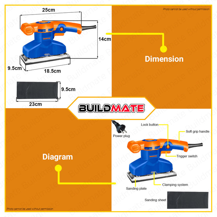 BUILDMATE Wadfow Finishing Sander 320W Wood Orbital Sanding Finish Wood Sander Polishing Machine Electric Sander Metal Sander WFA2501 • WPT