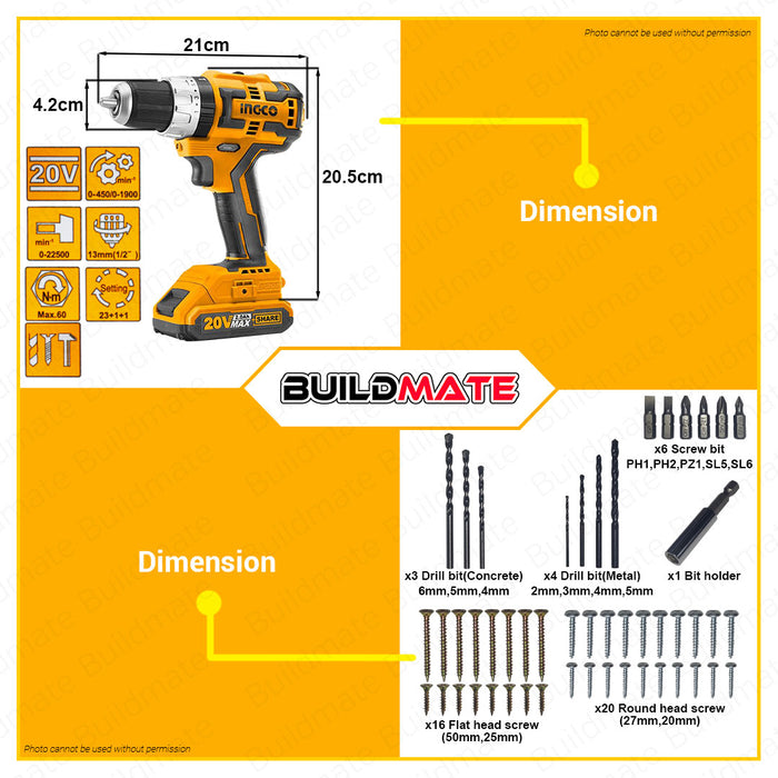 BUILDMATE Ingco Lithium-Ion Cordless 20V Impact Drill 45Nm - 65Nm with Battery and Charger 2-Speed Mechanical Gear Combo Kit Set SOLD PER SET - ICPT