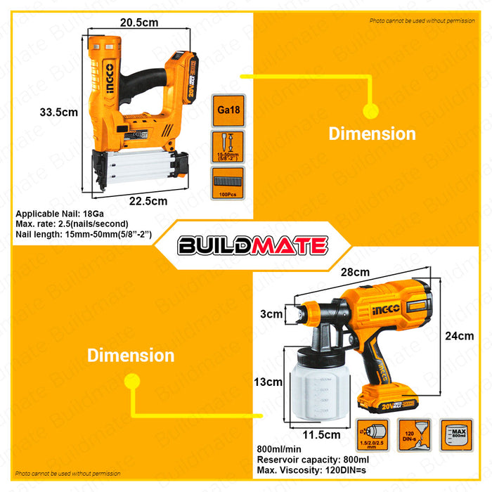 [EXCLUSIVE] BUILDMATE Ingco 2PCS Combo Kit 20V Cordless Brad Nailer HVLP Paint Spray Gun Roller Paint Brush Set Battery & Charger Combo Kit COSLI23016 • ICPT