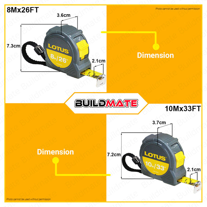 BUILDMATE Lotus Steel Tape 3M | 5M | 8M | 10M Measuring Tape Measure Fraction Scale Metric, Inch, Fraction Continuous Marking Blade Easy To Read Both Side Triple Ruler, Retractable Portable Measure Tape Tool For Professional Measurement • LHT