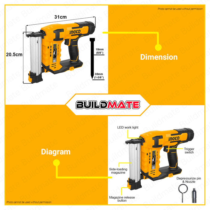 BUILDMATE Ingco Lithium-Ion Cordless 20V Brad Nailer Kit 15mm-50mm Woodworking Pin Nailer Driver Bradder Nailing Tool - ICPT