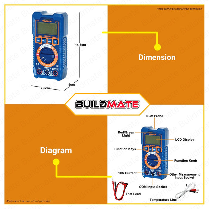 BUILDMATE Wadfow Digital Multimeter Tester CAT III 600V / 1000V AC or DC Voltage Tester SOLD PER PIECE WDM2501 / WDM2502 - WPT