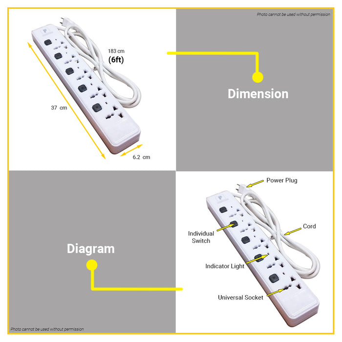 BUILDMATE Powerhouse 5 Gang Electric Extension Cord 2500W with Individual Switch & Overload Protection Universal Outlet Socket 5 gang PHEC-500 - PHE