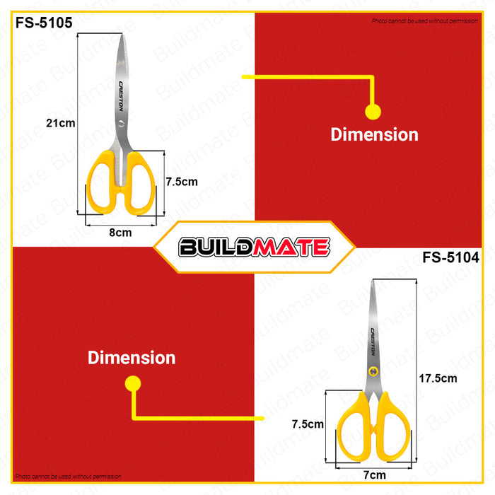 BUILDMATE Creston Stainless Office Scissor 7" Inch | 8" Inch [SOLD PER PIECE] Multi-Purpose Craft Scissors Great Grip Stainless Steel Comfort-Grip Sturdy Scissors for Office Home FS5104 | FS5105