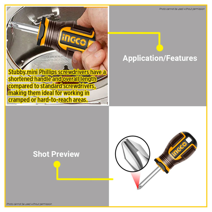 BUILDMATE Ingco Phillips Screwdriver PH2x38mm Compact Pocket Crosshead Magnetic Stubby Mini Screw Driver for Electronics & DIY HSDPH2038 - IHT