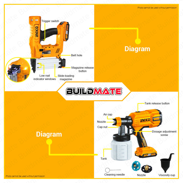 [EXCLUSIVE] BUILDMATE Ingco 2PCS Combo Kit 20V Cordless Brad Nailer HVLP Paint Spray Gun Roller Paint Brush Set Battery & Charger Combo Kit COSLI23016 • ICPT