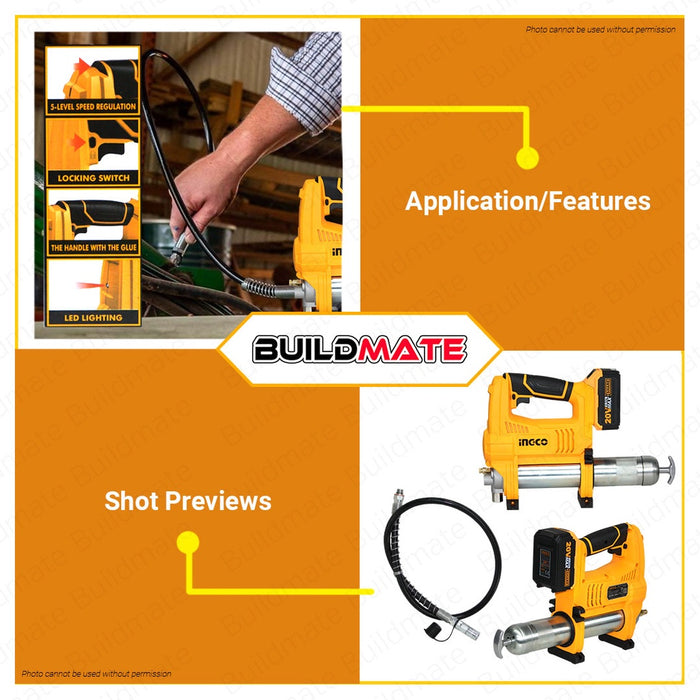 BUILDMATE Ingco 20V Lithium-Ion Cordless Grease Gun 10,000Psi Air Grease Gun Pump with Flexible Hose Greasing Tools GGLI2010 • ICPT