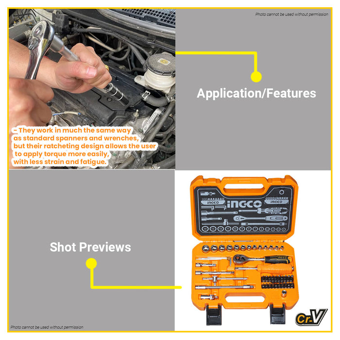BUILDMATE Ingco 45pcs Socket Set 1/4" Socket with Ratchet Wrench, Universal Joint, and Screwdriver Bits DIY Automotive Hand Repair Tool Kit HKTS14451 - IHT