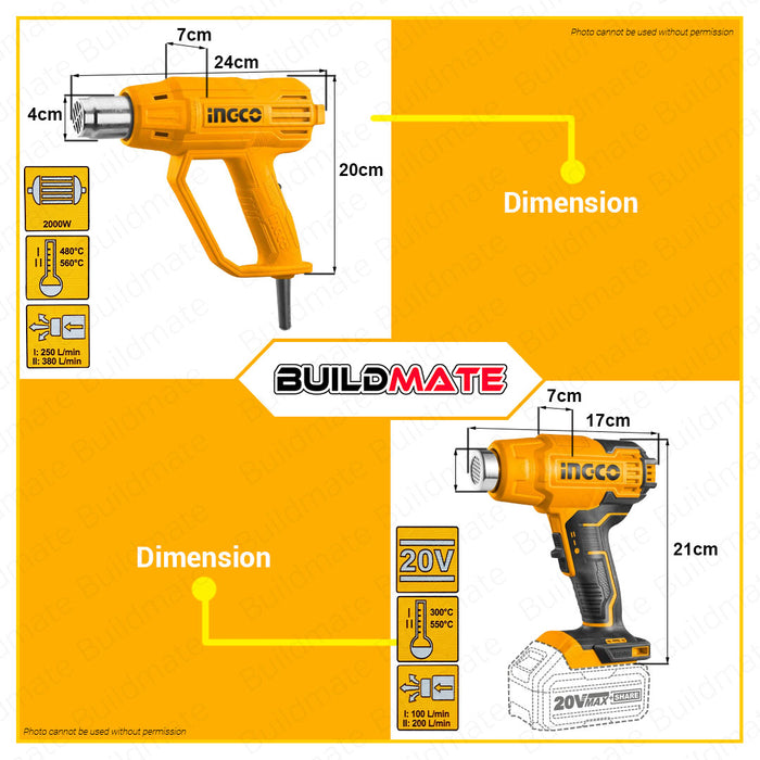 BUILDMATE Ingco Corded / Cordless Heat Gun Hot Air Plastic Sealer Heater Blower Heat Shrink and Glue Gun Combo Kit SET - IPX