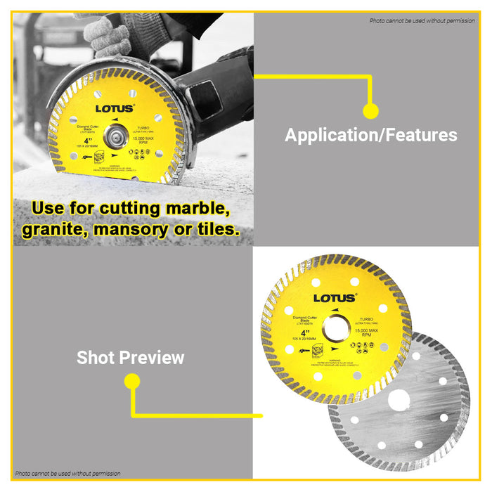 BUILDMATE Lotus 4" Ultra Thin Diamond Cutter Blade 105x20/16mm Turbo Thin Continuou Diamond Cutting Disc LTXT100DTX