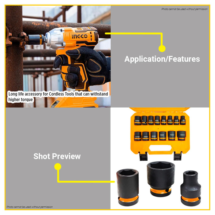 BUILDMATE Ingco 14pcs Dr. Impact Socket Set 1/2"  with Case Cr-Mo Heavy Duty Nut Sockets for Impact Wrench HKISSD12141 - IHT