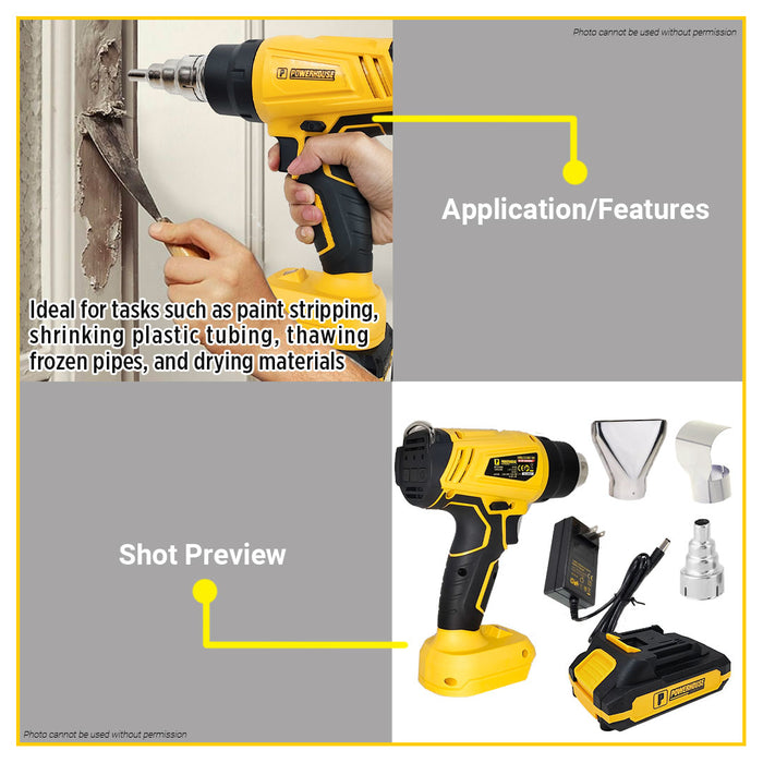 BUILDMATE Powerhouse Cordless Heat Gun 20V Hot Air Gun With 3pcs Nozzle Rechargeable Plastic Sealer Heat Shrink Blower Paint Stripping Heating Tool PH-20V-WLPROHEAT - PHPT