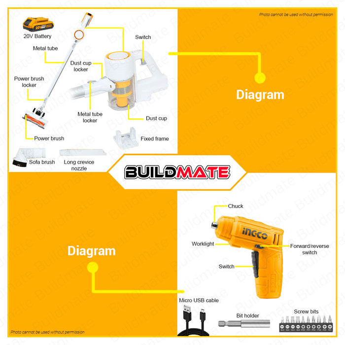 [EXCLUSIVE] BUILDMATE Ingco Li-Ion 3PCS Combo Kit Set Cordless Grass Trimmer Cordless Vacuum Cleaner Cordless Screwdriver with Battery & Charger 3pcs Combo Set Cutting Grass Handheld Vacuum COSLI23032 • ICPT