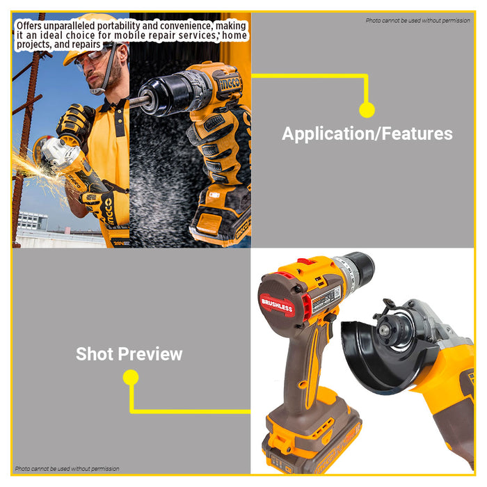 [EXCLUSIVE] BUILDMATE Ingco 2pcs Brushless Cordless Combo Kit 20V Lithium-Ion Angle Grinder & Compact Impact Drill Power Tools Set CKLI2027310 - IPX