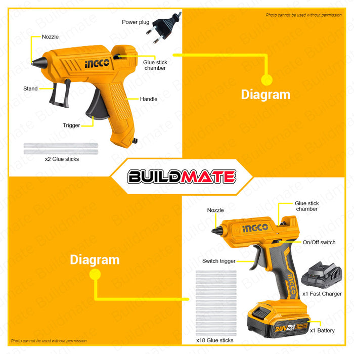 BUILDMATE Ingco Corded / Cordless Heat Gun Hot Air Plastic Sealer Heater Blower Heat Shrink and Glue Gun Combo Kit SET - IPX