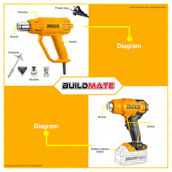 BUILDMATE Ingco Corded / Cordless Heat Gun Hot Air Plastic Sealer Heater Blower Heat Shrink and Glue Gun Combo Kit SET - IPX