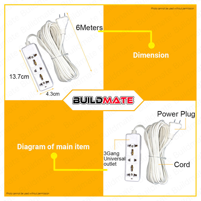 BUILDMATE Powerhouse 6M Electric Extension Cord 1250W 3-Gang Universal Outlet Power Strip 3 Way Power Extension PHEC-200-6M - PTWA