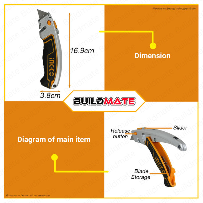 BUILDMATE Ingco Alloy Utility Knife 19x61mm with 6pcs SK5 Blade Multi-purpose Retractable Craft Cutter HUK6128 - IHT