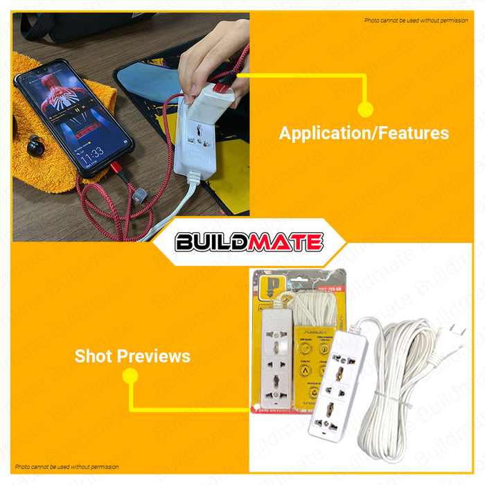 BUILDMATE Powerhouse 6M Electric Extension Cord 1250W 3-Gang Universal Outlet Power Strip 3 Way Power Extension PHEC-200-6M - PTWA