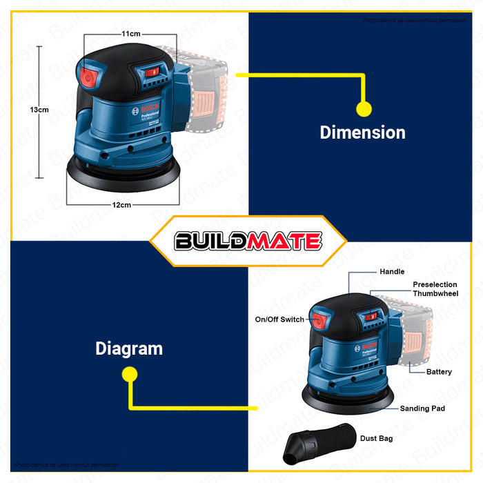 BUILDMATE Bosch Brushless Cordless Random Orbital Sander 18V 125mm Variable Speed (BARE TOOL) Wood Sander Orbital Sander Finishing Sander Wood Orbital Sanding Finish Polishing Machine Electric Sander GEX185-LI Solo 06013A5080 • BLC