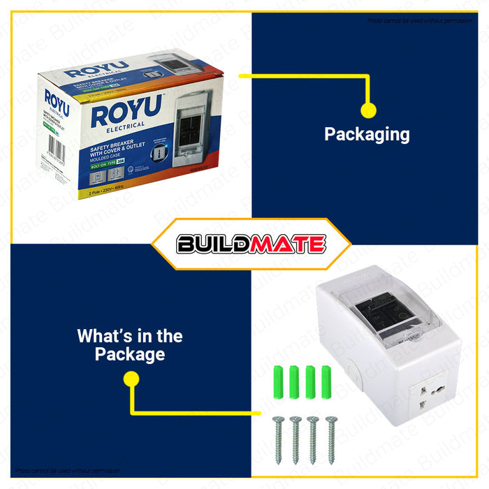 BUILDMATE Royu Safety Breaker with Cover & Outlet 2 Pole 15A | 20A | 30A [SOLD PER PIECE] Electrical Safety Breaker Safety Circuit Breaker Moulded Case Bolt-On Type Electrical Outlet Cover Electrical Circuit Safety International Outlet