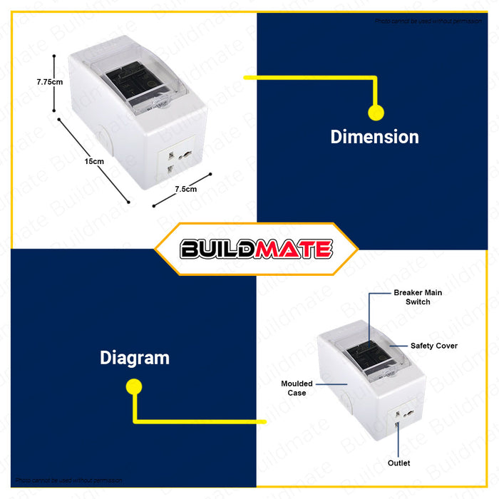 BUILDMATE Royu Safety Breaker with Cover & Outlet 2 Pole 15A | 20A | 30A [SOLD PER PIECE] Electrical Safety Breaker Safety Circuit Breaker Moulded Case Bolt-On Type Electrical Outlet Cover Electrical Circuit Safety International Outlet