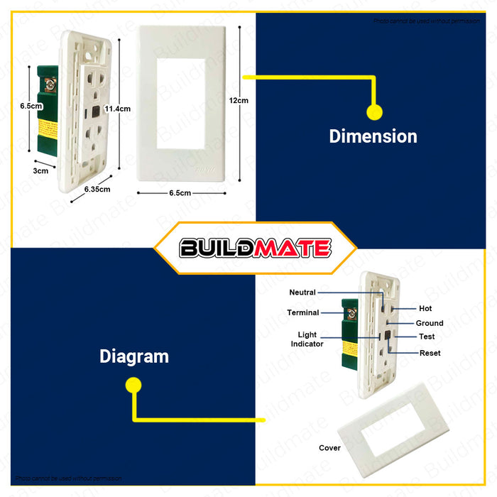 BUILDMATE Royu WD 20A Wide Series Duplex Ground Fault Circuit Interrupter GFCI Outlet Set Adaptor Socket Outlet Universal Socket Plug Adaptor Outlet Socket Outlet Plug WD933 •