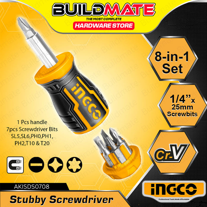 BUILDMATE Ingco 8in1 25mm Stubby Screwdriver Set Short Screw Driver Flat & Philip Screw Repair Tool Kit AKISDS0708 / AKISDS1728 - IHT