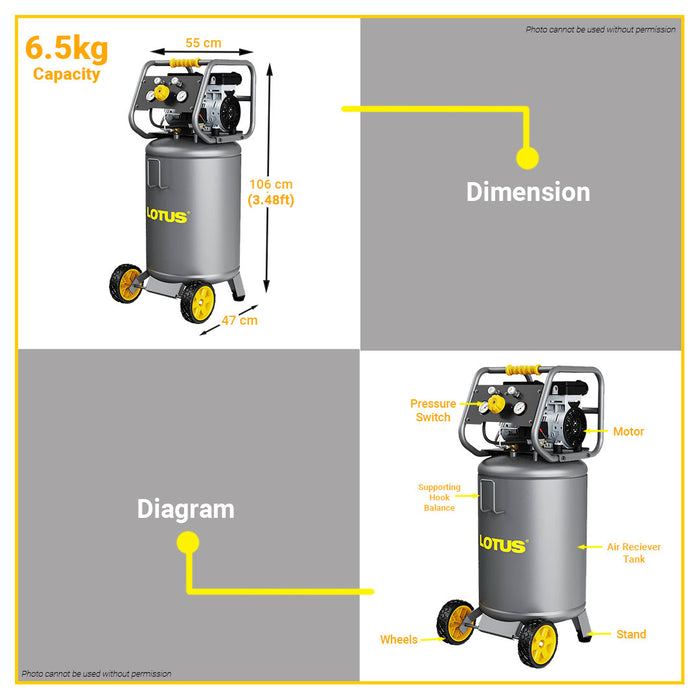 BUILDMATE Lotus 2HP 75L 1300W Ultra Silent Air Compressor Induction Motor Oil-Free USC75-1200 PRO