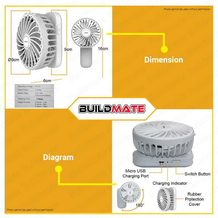 BUILDMATE Firefly 180° Handy Flip Type Fan 3W with Multifunction Rechargeable Mini Portable Handheld Foldable Personal Hand Fan FEL809