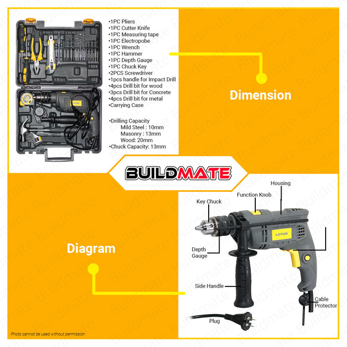 LOTUS Impact Drill 650W with DIY Tool Kit LTHD650XL •BUILDMATE• LUTOS