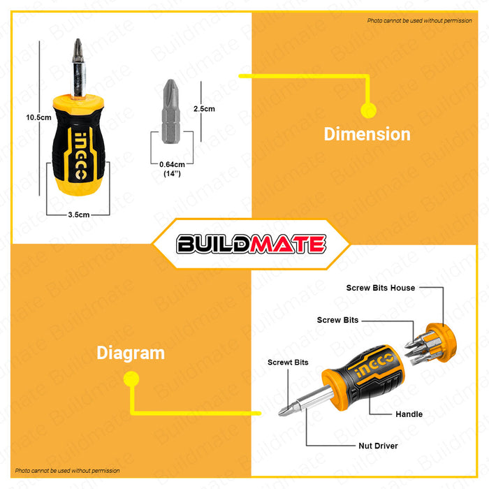 BUILDMATE Ingco 8in1 25mm Stubby Screwdriver Set Short Screw Driver Flat & Philip Screw Repair Tool Kit AKISDS0708 / AKISDS1728 - IHT