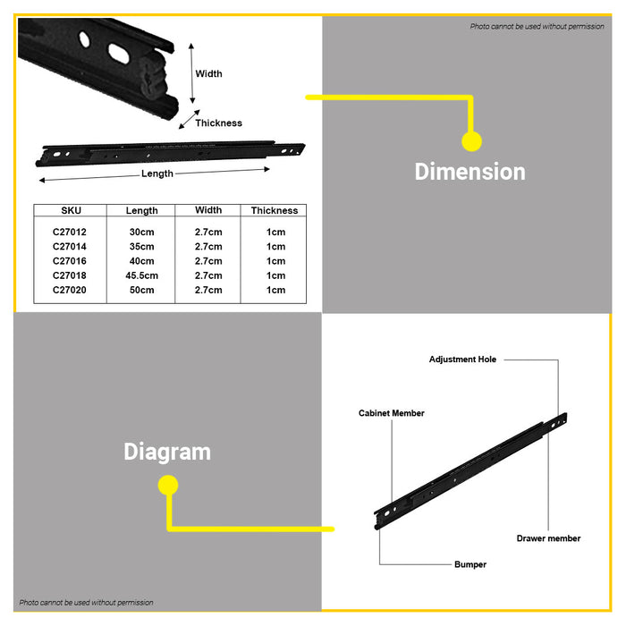 BUILDMATE Creston Drawer Slide Guide Ball Bearing 2 FOLD 12" /14" /16" / 18" / 20" SOLD IN PAIR