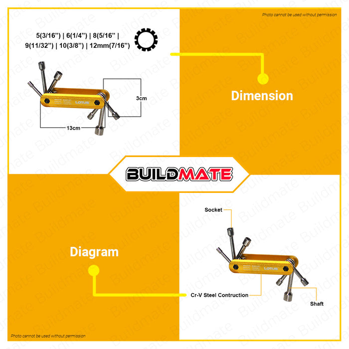 LOTUS 6PCS Foldable Nut Driver Set Universal Socket Metric/Sae Hex Nut Driver Set Kit Shaft Nut Driver Set Cr-V Steel Hand Tools LTHT600NDX •BUILDMATE• LUTOS