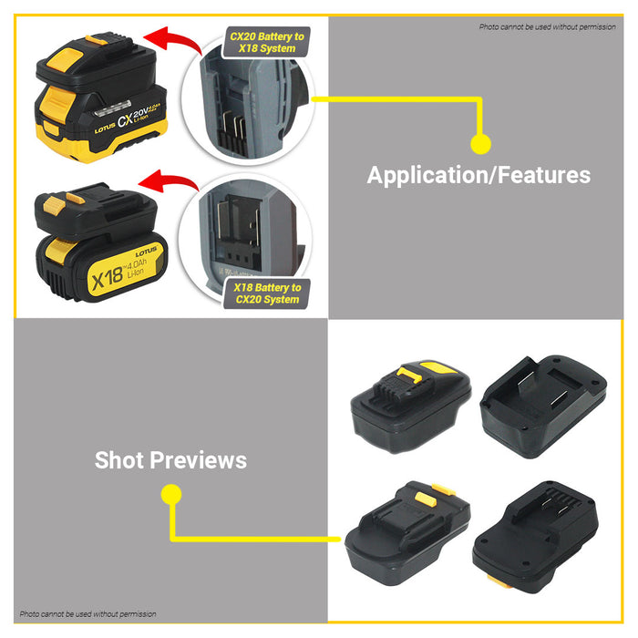 BUILDMATE Lotus Battery Adapter CX20 Battery to X18 System / X18 Battery to CX20 System for Cordless Tool XT100 / XT200  - LCPT