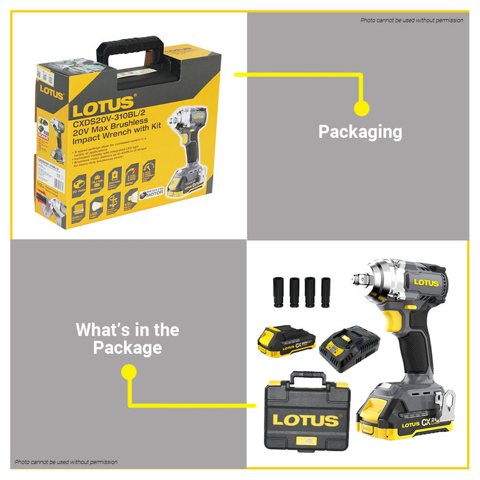 BUILDMATE Lotus 20V Max Lithium-Ion Cordless Brushless Impact Wrench 450N.m Max Torque with Battery and Charger CXDS20V-310BL/2 - LCPT