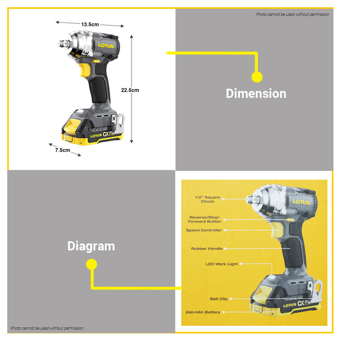 BUILDMATE Lotus 20V Max Lithium-Ion Cordless Brushless Impact Wrench 450N.m Max Torque with Battery and Charger CXDS20V-310BL/2 - LCPT